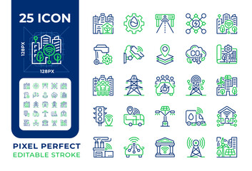 Poster - smart city pixel perfect two color line icons set. urban life, infrastructure systems. public servic