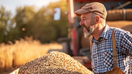 Poster - A man wearing a hat and a plaid shirt is standing in front of a pile of grain