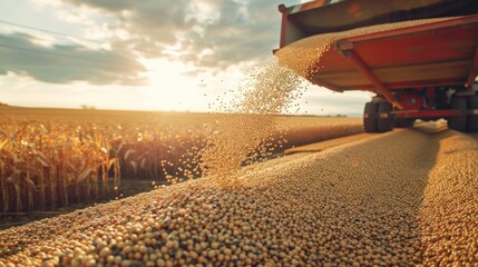 Poster - A truck is dumping soybeans onto a field