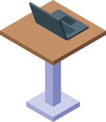 Poster - Laptop is sitting on a one legged table with a square top, perfect for showcasing technology or work from home setups