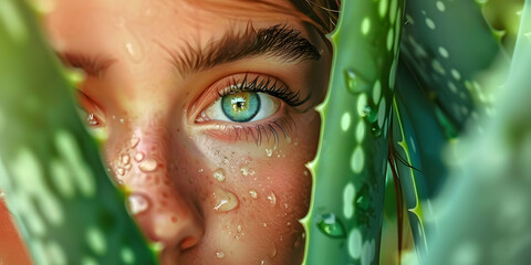 Wall Mural - Young beautiful womans face behind aloe vera plant with water drops