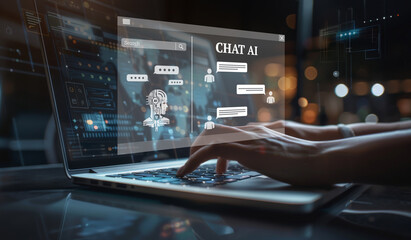 Poster - A person typing on their laptop, with an AI chat interface showing in the screen. Modern technology concept