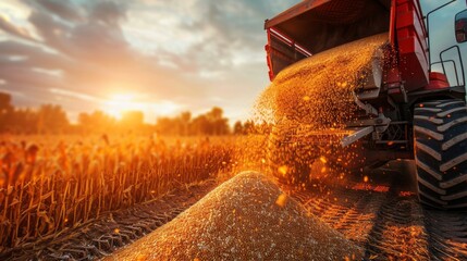 Poster - A red tractor is dumping grain into a field