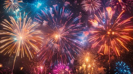 High-resolution image of fireworks in various bright colors bursting in the night sky, capturing the festive celebration with no people in sight