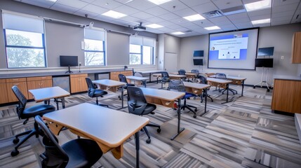 Poster - Classroom featuring streamlined furniture, neutral colors, and advanced technology