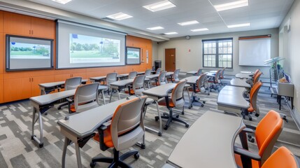 Poster - Classroom featuring streamlined furniture, neutral colors, and advanced technology