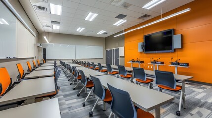 Poster - Classroom featuring streamlined furniture, neutral colors, and advanced technology