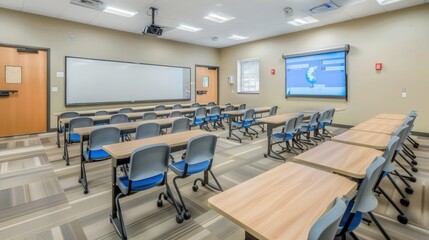 Poster - Classroom featuring streamlined furniture, neutral colors, and advanced technology