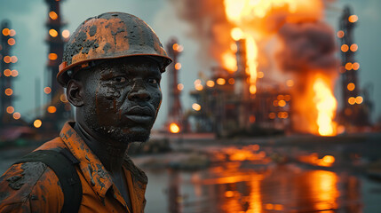 Wall Mural - Refinery workers in overalls in the background of an oil refinery