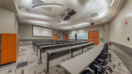 Poster - Classroom featuring streamlined furniture, neutral colors, and advanced technology