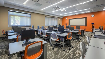 Poster - Classroom featuring streamlined furniture, neutral colors, and advanced technology