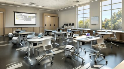 Poster - Classroom featuring streamlined furniture, neutral colors, and advanced technology