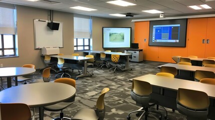 Poster - Classroom featuring streamlined furniture, neutral colors, and advanced technology