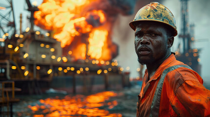 Wall Mural - Refinery workers in overalls in the background of an oil refinery