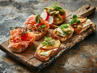 Wine and Dine: Gourmet Antipasti Snacks featuring Bruschetta with Soft Cheese, Pear, Radish, Salmon,