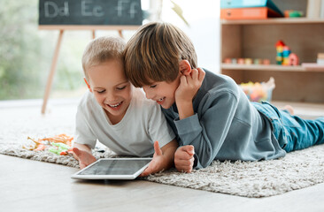 Sticker - House, boys and brothers on floor, tablet and typing with social media, entertainment and smile. Apartment, kids and childhood with tech, online reading and internet with time together and play game