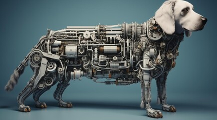 Poster - A 3D render of a mechanical dog with intricate gears, pipes and wiring, standing on a light blue background. The dog is rendered in a realistic style, with a focus on detail and texture. This image