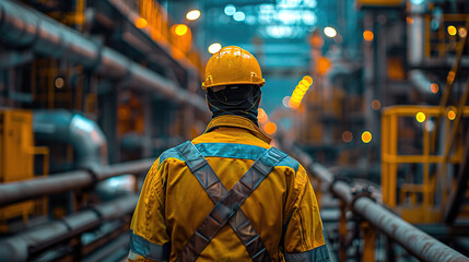 Wall Mural - Refinery workers in overalls in the background of an oil refinery