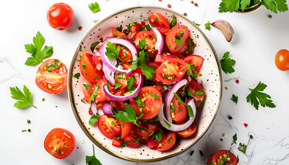 Wall Mural - Summer vegan tomato salad with parsley, red onion, garlic, pepper and olive oil dressing, white table background, top view