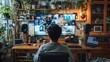 © Koborixgen - Person participating in a virtual meeting from a home office setup with multiple screens and electronic devices surrounded by plants and decor.