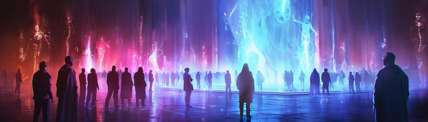 A stunning neon landscape with figures silhouetted against vibrant lights, creating an ethereal and futuristic atmosphere.