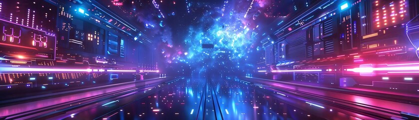 Poster - A vibrant, futuristic abstract scene showcasing colorful lights and dynamic patterns in a digital environment.