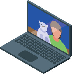 Poster - Woman is holding her cat while communicating online using a laptop webcam