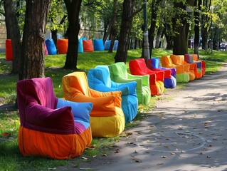 Colorful Chaos: Armchairs-Bags Scattered in the City Park - AR 4:3