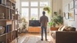 © SUNSU - Man Watching TV in Cozy Living Room:  A relaxed silhouette of a man enjoying a moment of leisure, gazing at a television screen in a warm, sunlit living room adorned with plants, a cozy couch