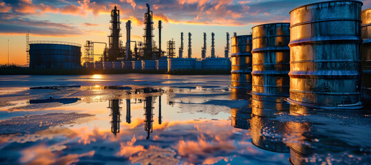 Wall Mural - A sunset casts its warm glow over a sprawling refinery, with oil barrels standing in the foreground, their reflections shimmering in the water