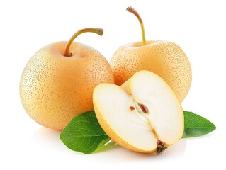 Fresh and Juicy Asian Pear with Vibrant Green Leaves Standing Out on White Background