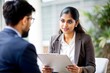 © N7 - 'Indian Female Manager Conducting Performance Review' – A woman conducting a performance evaluation with an employee.