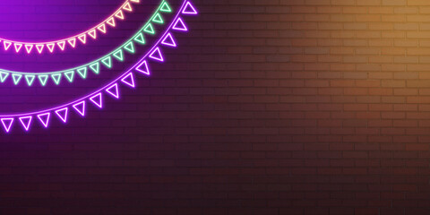 Poster - Creative festive neon decoration on pink illuminated brick wall backdrop with mock up place. Celebrations concept. 3D Rendering.
