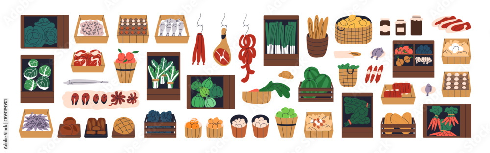 Farm produce, harvest and farmer products in crates, boxes, basket set ...
