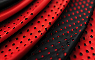 Poster - Abstract close-up shot of black and red textured material with perforated holes. Intricate design, vibrant colors, and unique pattern.