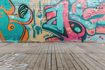 Poster - Colorful urban graffiti art on a brick wall with a wooden floor foreground, showcasing street creativity and vibrant expression.