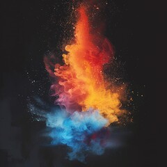 Poster - Abstract image of vibrant colored smoke explosion against black background, combining shades of blue, orange, and red for a dynamic visual effect.