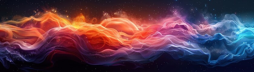 Poster - Colorful abstract waves blend ly against a dark background, showcasing vibrant hues of orange, pink, and blue in a mesmerizing digital art piece.
