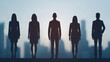 © tonstock - Silhouettes of five business professionals standing in a row against a cityscape backdrop, highlighting teamwork, leadership, and corporate unity.