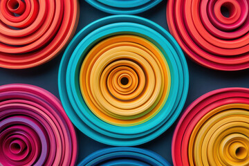 Poster - Colorful abstract circular patterns composed of layered paper. Bright, vibrant design suitable for backgrounds, wallpapers, or artistic use.
