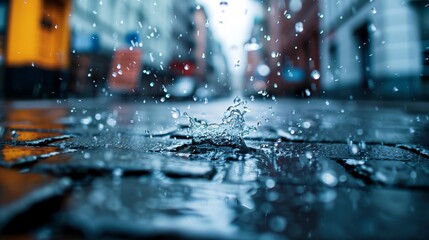 Poster - a beautiful and clear photo of raindrops splashing in a puddle on a cobblestone street