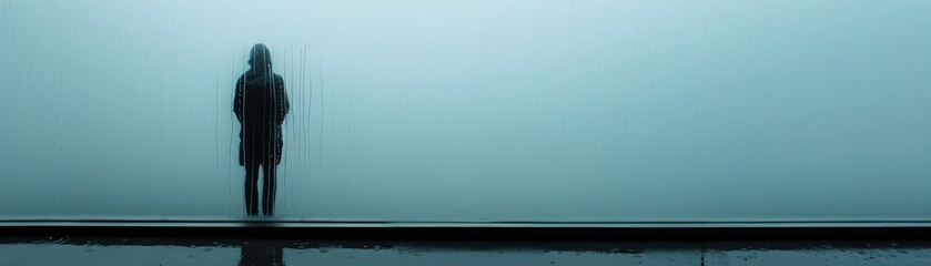 Poster - A breathtaking and detailed photo of a lone figure standing at a window, watching the rain cascade down the glass