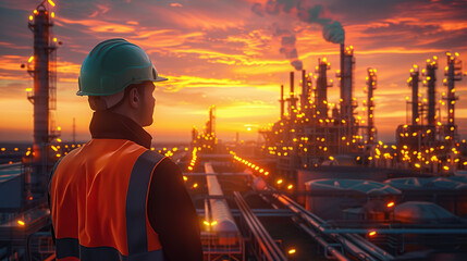 Wall Mural - Refinery workers in overalls in the background of an oil refinery