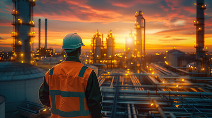 Wall Mural - Refinery workers in overalls in the background of an oil refinery