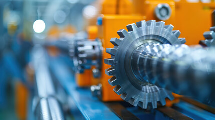 Poster - Close-up of industrial gears and machinery in a factory setting, showcasing precision engineering and manufacturing components focused on technology and industry.