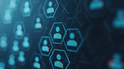 Poster - Abstract digital network with hexagonal user icons connected by blue lines, representing communication and social networking concept.