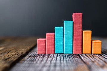 Poster - Colorful  bar chart model on wooden surface depicting business growth and statistics analysis on dark background.