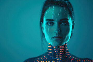Poster - Futuristic portrait of a woman with digital overlay, representing technology and virtual reality.