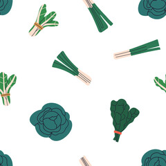 Poster - Green leafy vegetable pattern. Seamless background, vegetarian healthy fresh food. Organic farm eating, cabbage, chard, scallion. Repeating print, natural texture design. Flat vector illustration
