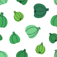 Poster - Green pumpkin, seamless pattern. Natural vegetable, organic farm food, endless background, texture. Repeating print for fabric, textile, wallpaper and wrapping paper design. Flat vector illustration